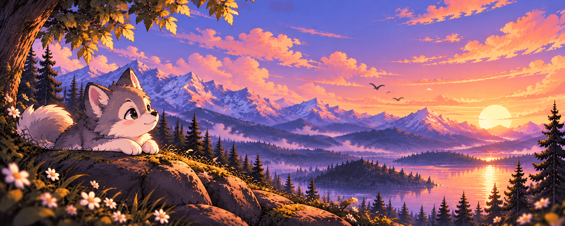 Borte Studios ultra-HD sunset mountain lake landscape with wolf mascot